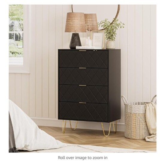 black diamond dresser Homhougo Modern 6-Drawer Dresser/Chest, Diamond Style - Golden Handle/Base for Bedroom, Living Room, Black
